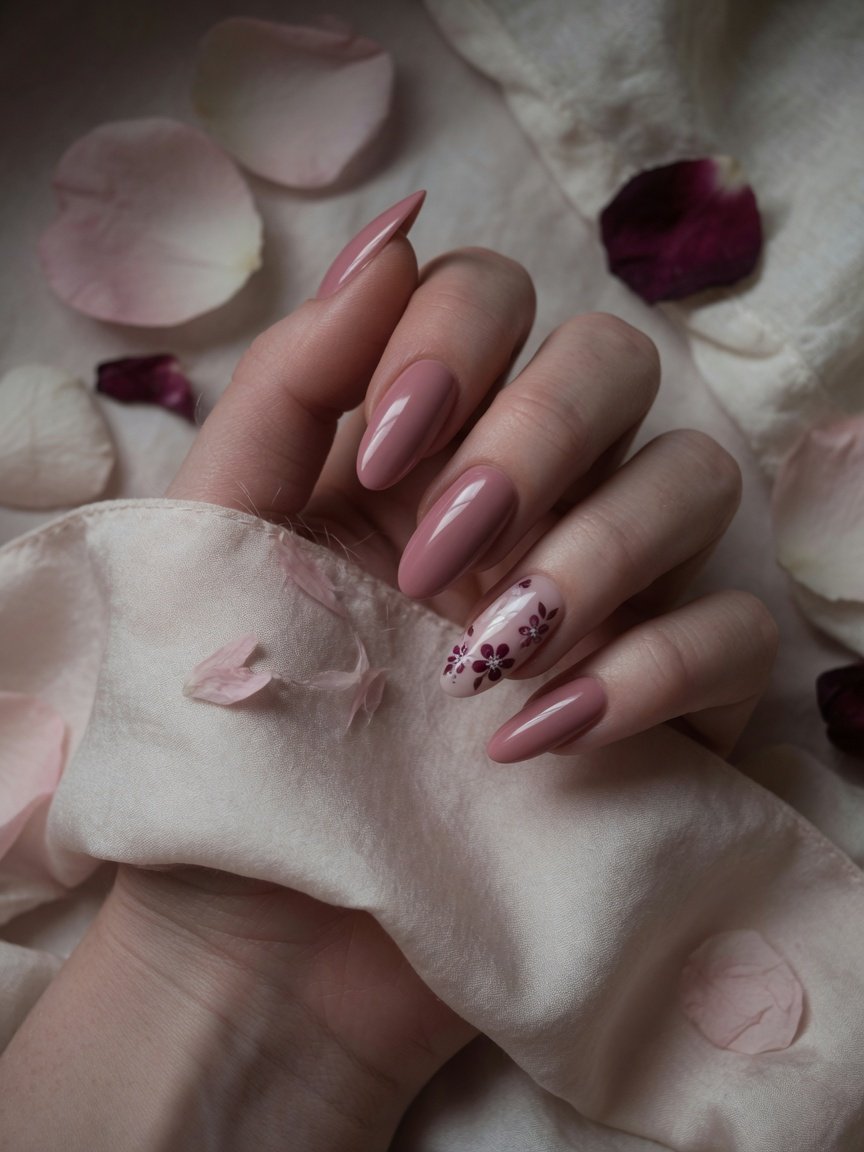 Dusty rose almond manicure with a plum floral accent nail