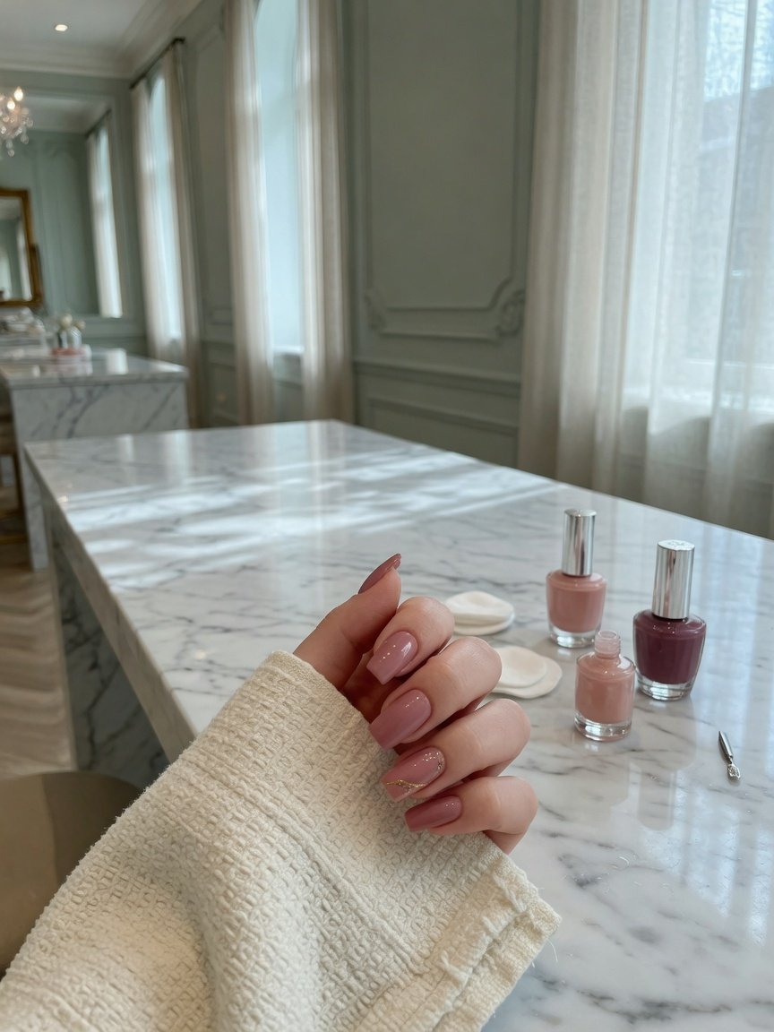 Blush pink manicure with a gold accent beside nail polish on a marble table